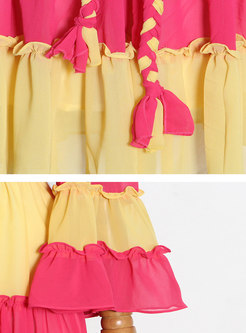 Off-the-shoulder Color-blocked Mini Boho Dress