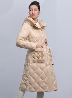 Hooded Belted Gathered Waisted Quilted Coat