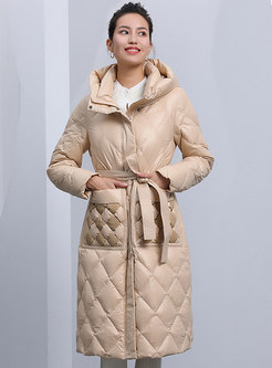 Hooded Belted Gathered Waisted Quilted Coat
