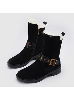 Rounded Toe Plush Lined Leather Buckle Snow Boots