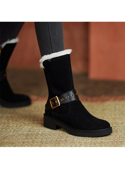 Rounded Toe Plush Lined Leather Buckle Snow Boots