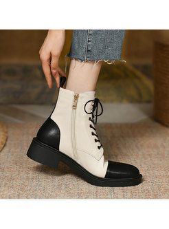 Color-blocked Short Plush Chunky Heel Ankle Boots