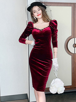 V-neck Velvet Red Bodycon Midi Dress
