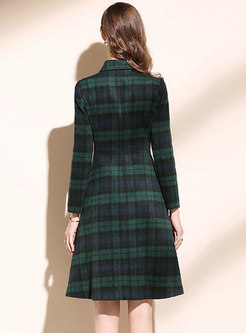 Single Breasted Green Plaid Midi Winter Tweed Dress