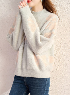 Sweet Crew Neck Pullover Print Loose Sweater