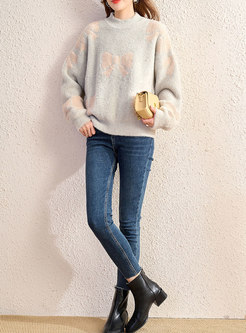Sweet Crew Neck Pullover Print Loose Sweater