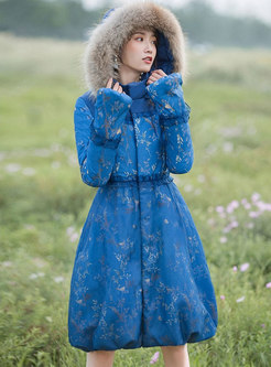 Hooded Flare Sleeve Print A Line Cotton-padded Coat
