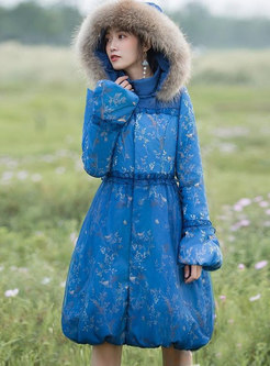 Hooded Flare Sleeve Print A Line Cotton-padded Coat