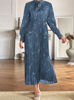 Retro Long Sleeve Print Pleated Maxi Dress
