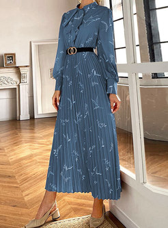 Retro Long Sleeve Print Pleated Maxi Dress
