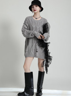 Mesh Patchwork Cable-knit Ripped Pullover Sweater