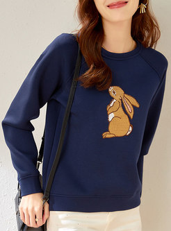 Casual Crew Neck Animal Embroidered Sweatshirt