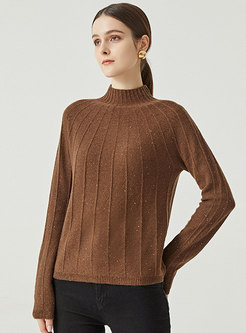 Mock Neck Ribbed Sequin Pullover Wool Sweater