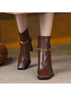Square Toe Chain Embellished Block Heel Ankle Boots