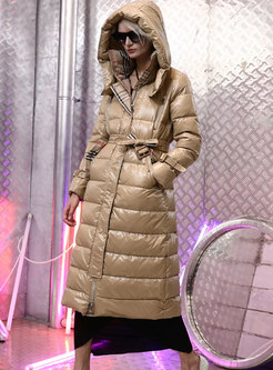Hooded Plaid Patchwork Shiny Long A Line Down Coat