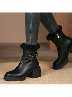  Rounded Toe Short Plush Lined Chunky Heel Ankle Boots