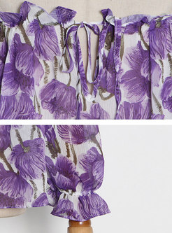 Off-the-shoulder Floral Chiffon Blouse & Long Skirt
