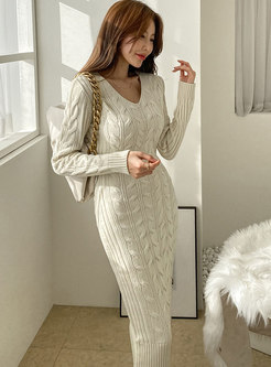 V-neck Long Sleeve Cable-knit Sheath Sweater Dress