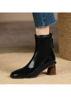 Square Toe Short Plush Lined Block Heel Ankle Boots
