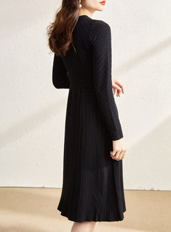 Long Sleeve A Line Pleated Midi Sweater Dress