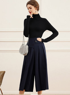 Turtleneck Pullover Slim Sweater & High Waisted Cropped Pants