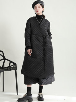 V-neck Straight Long Quilted Coat