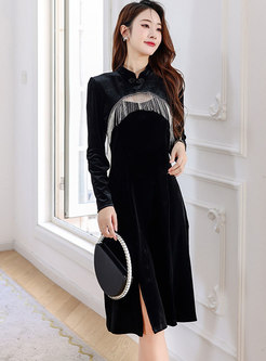 Plus Size Long Sleeve Fringe Openwork Velvet Dress