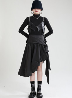 Black High Waisted Asymmetric Midi Skirt