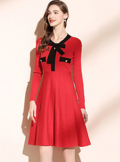 Long Sleeve Patchwork Pleated Sweater Dress