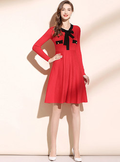 Long Sleeve Patchwork Pleated Sweater Dress