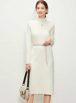 Brief Mock Neck Long Sleeve Ribbed Sweater Dress