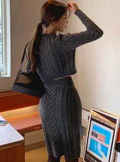 Long Sleeve Cable-knit Sheath Sweater Skirt Suits