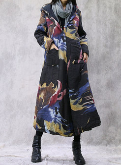 Plus Size Print Hooded Long Straight Coat