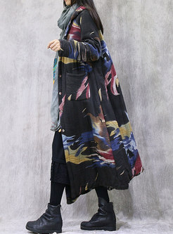 Plus Size Print Hooded Long Straight Coat