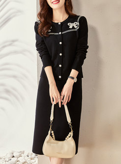 Crew Neck Bowknot Beaded Slim Sweater Skirt Suits