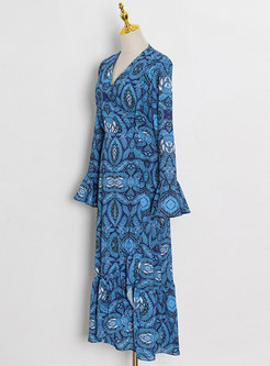 V-neck Flare Sleeve Print Chiffon Long Boho Dress