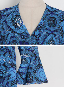 V-neck Flare Sleeve Print Chiffon Long Boho Dress