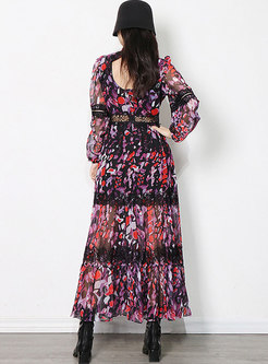 Long Sleeve Print High Waisted Boho Maxi Dress