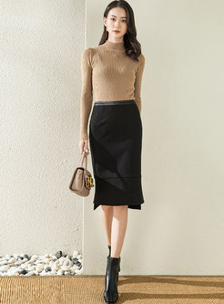 Black Split Knitted Peplum Skirt