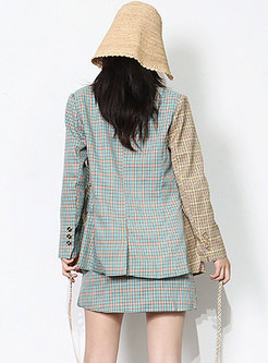 Color Blocked Plaid Belted Blazer & Plaid Mini Sheath Skirt