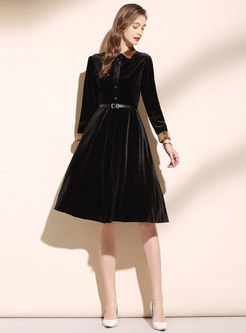 Long Sleeve Velvet Belted Black Midi Dress
