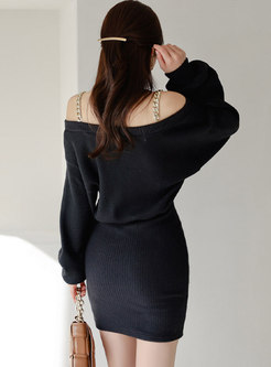 Off-the-shoulder Lantern Sleeve Mini Sweater Dress