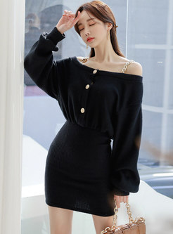 Off-the-shoulder Lantern Sleeve Mini Sweater Dress