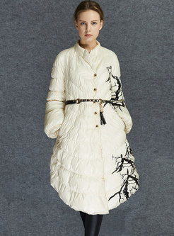 Lantern Sleeve Print A Line Belted Down Coat