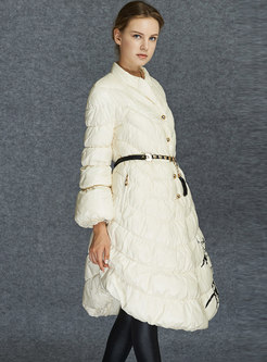 Lantern Sleeve Print A Line Belted Down Coat