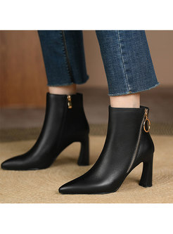 Pointed Toe Short Plush Lined Chunky Heel Martin Boots