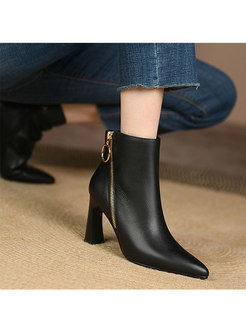 Pointed Toe Short Plush Lined Chunky Heel Martin Boots