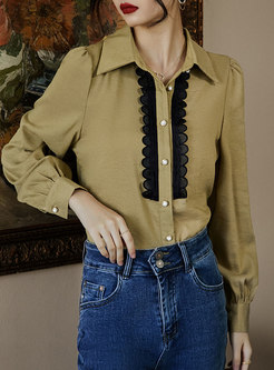 Long Sleeve Patchwork Single-breasted Blouse