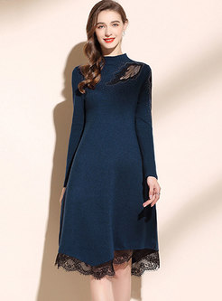 Long Sleeve Lace Patchwork A Line Sweater Dress