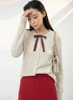 Crew Neck Bowknot Single-breasted Knit Cardigan